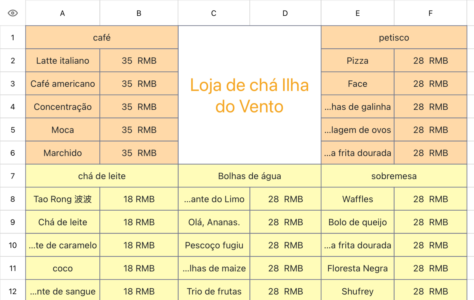 Lista de preços de produtos de chá de leite